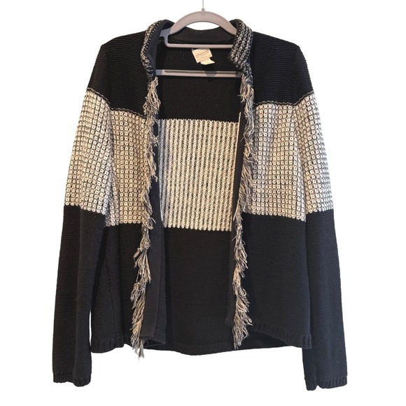 Chicos Black Tan Striped Knit Fringe Cardigan Sweater Women Size 2 (12) - Picture 2 of 7